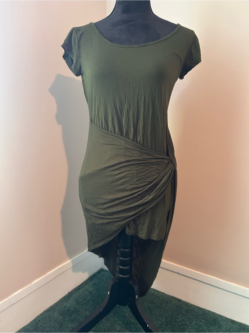 Maru Medium Olive Green Asymmetric Twist-Front Women's Dress